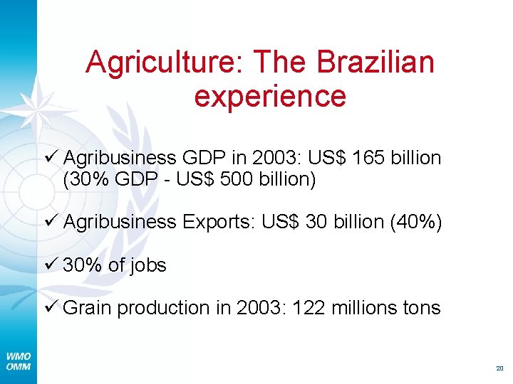 Agriculture: The Brazilian experience ü Agribusiness GDP in 2003: US$ 165 billion (30% GDP