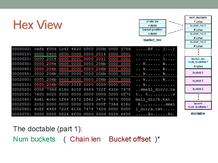 Hex View The doctable (part 1): Num buckets ( Chain len Bucket offset )*