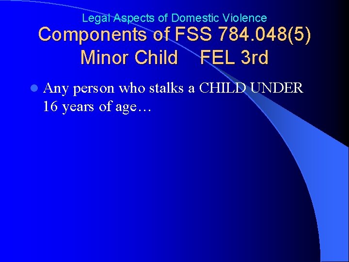 Legal Aspects of Domestic Violence Components of FSS 784. 048(5) Minor Child FEL 3