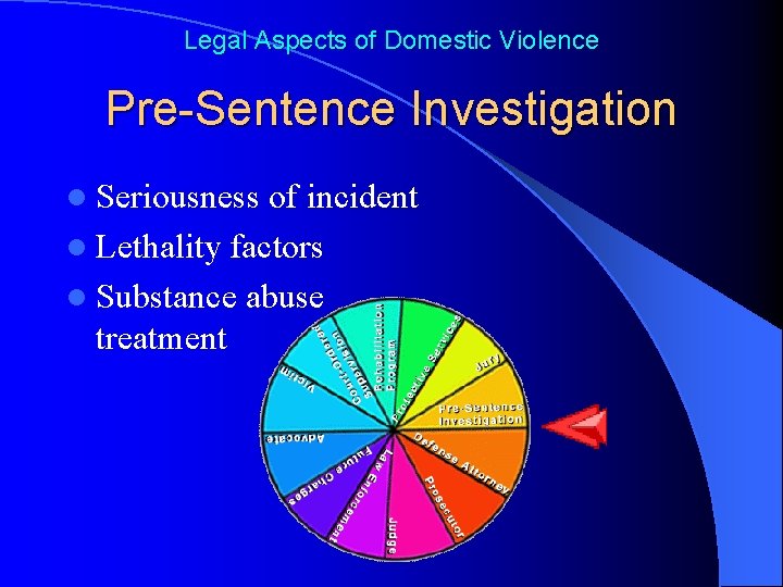 Legal Aspects of Domestic Violence Pre-Sentence Investigation l Seriousness of incident l Lethality factors