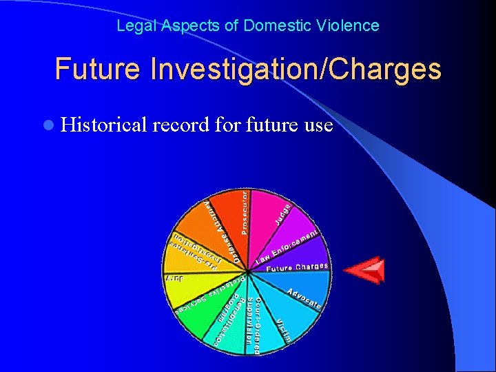 Legal Aspects of Domestic Violence Future Investigation/Charges l Historical record for future use 