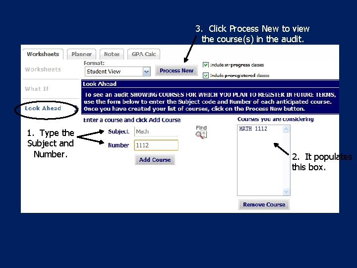 3. Click Process New to view the course(s) in the audit. 1. Type the