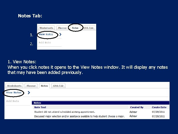 Notes Tab: 1. 2. 1. View Notes: When you click notes it opens to