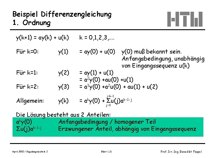 Beispiel Differenzengleichung 1. Ordnung y(k+1) = ay(k) + u(k) k = 0, 1, 2,