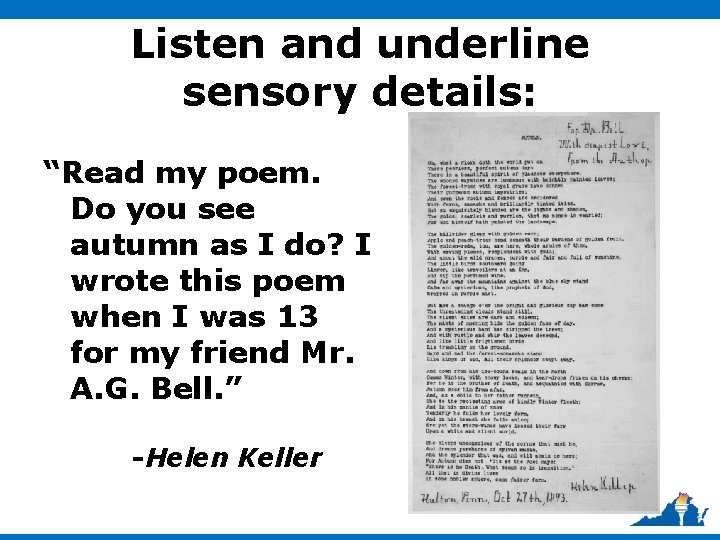 Listen and underline sensory details: “Read my poem. Do you see autumn as I