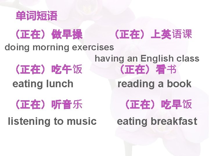 单词短语 （正在）做早操 （正在）上英语课 doing morning exercises having an English class （正在）吃午饭 eating lunch （正在）看书
