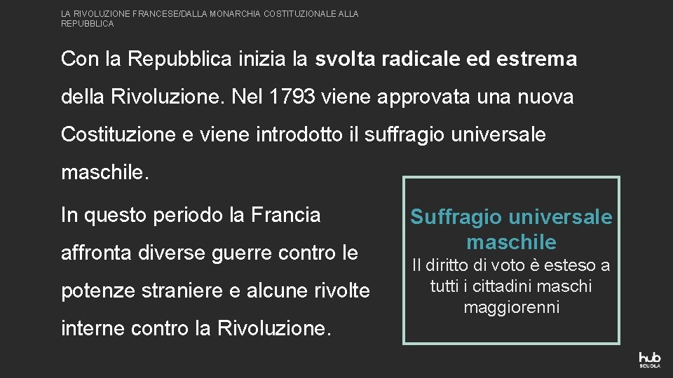 LA RIVOLUZIONE FRANCESE/DALLA MONARCHIA COSTITUZIONALE ALLA REPUBBLICA Con la Repubblica inizia la svolta radicale