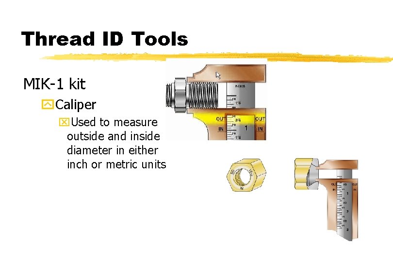 Thread ID Tools MIK-1 kit y. Caliper x. Used to measure outside and inside