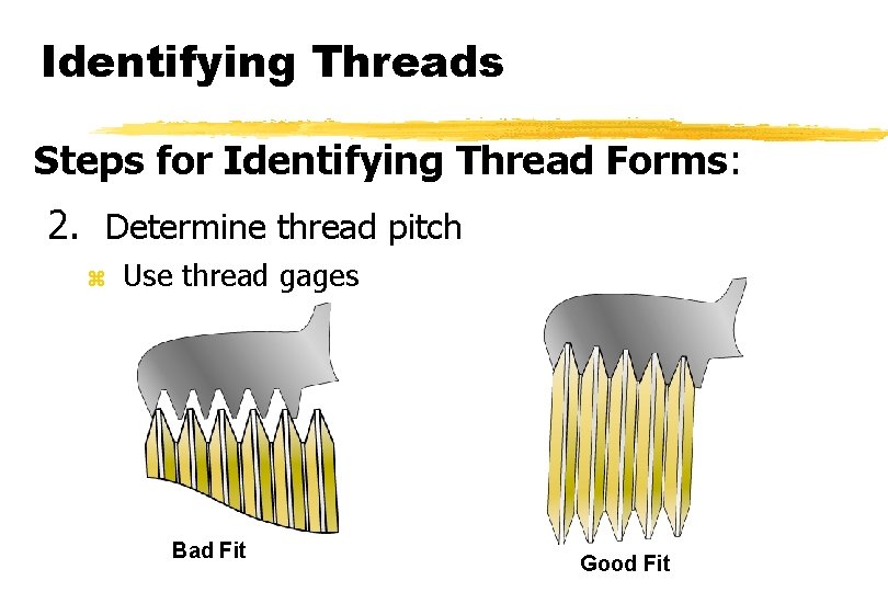 Identifying Threads Steps for Identifying Thread Forms: 2. Determine thread pitch z Use thread
