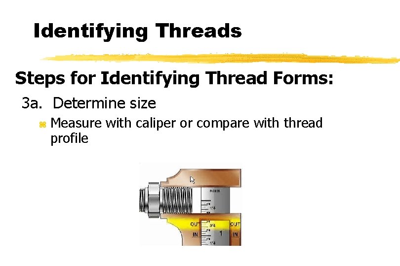 Identifying Threads Steps for Identifying Thread Forms: 3 a. Determine size z Measure with