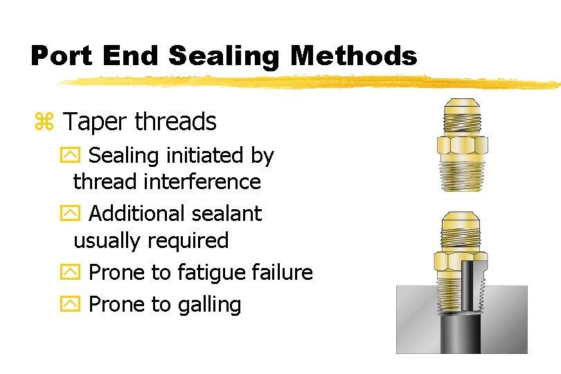 Port End Sealing Methods z Taper threads y Sealing initiated by thread interference y
