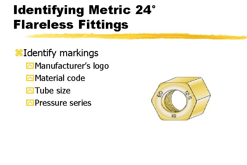 Identifying Metric 24° Flareless Fittings z. Identify markings y. Manufacturer’s logo y. Material code