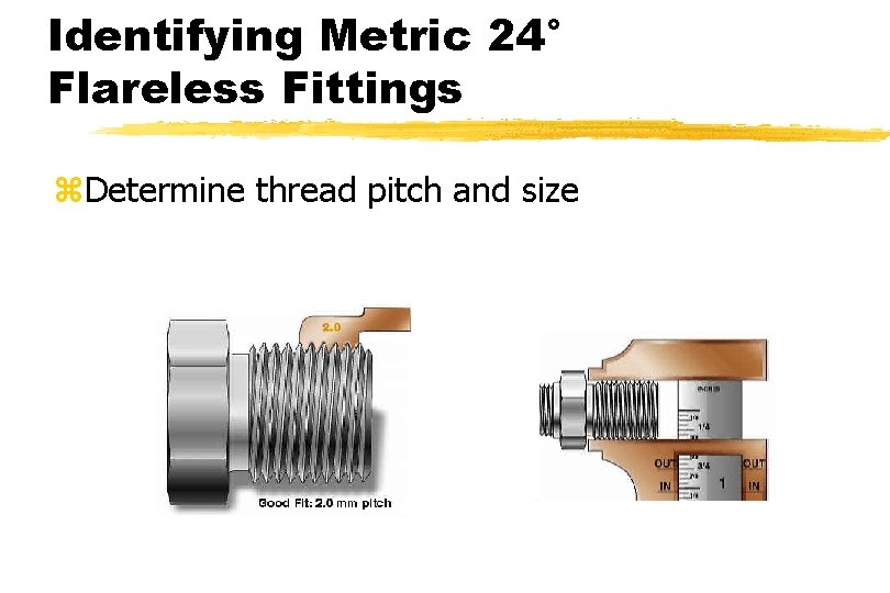Identifying Metric 24° Flareless Fittings z. Determine thread pitch and size 