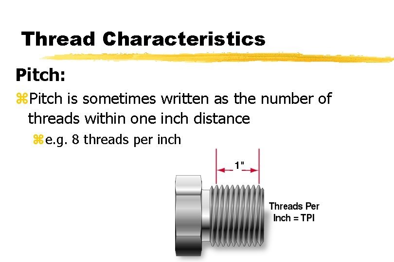 Thread Characteristics Pitch: z. Pitch is sometimes written as the number of threads within