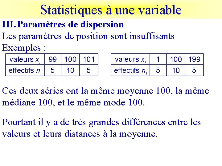 Statistiques à une variable III. Paramètres de dispersion Les paramètres de position sont insuffisants