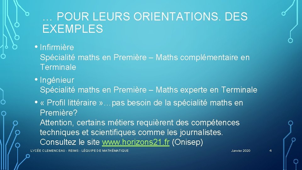 … POUR LEURS ORIENTATIONS. DES EXEMPLES • Infirmière Spécialité maths en Première – Maths