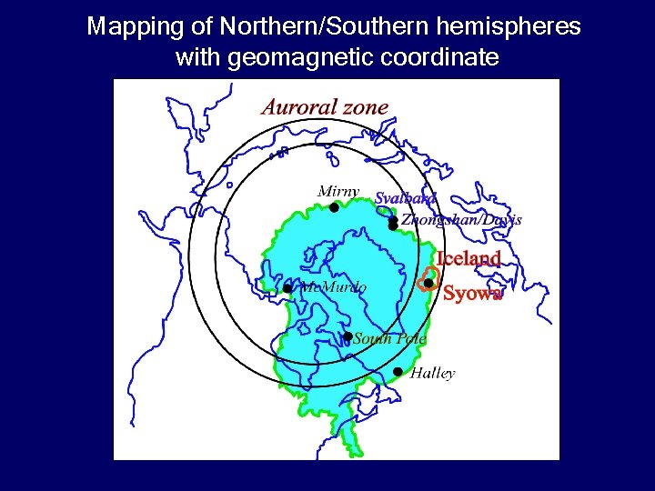 Mapping of Northern/Southern hemispheres with geomagnetic coordinate 