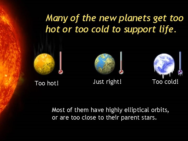 Many of the new planets get too hot or too cold to support life.