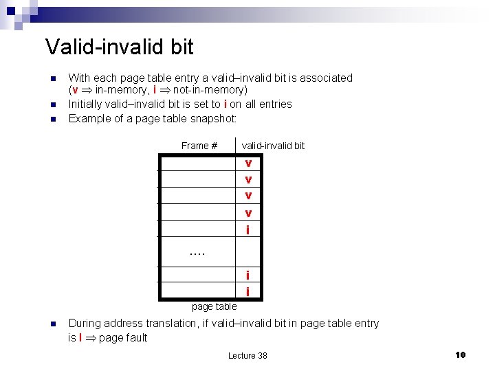 Valid-invalid bit n n n With each page table entry a valid–invalid bit is