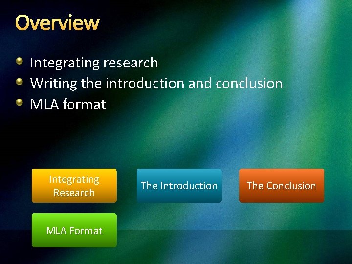 Overview Integrating research Writing the introduction and conclusion MLA format Integrating Research MLA Format
