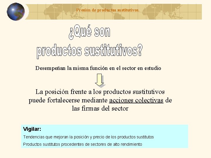 Presión de productos sustitutivos. Desempeñan la misma función en el sector en estudio La