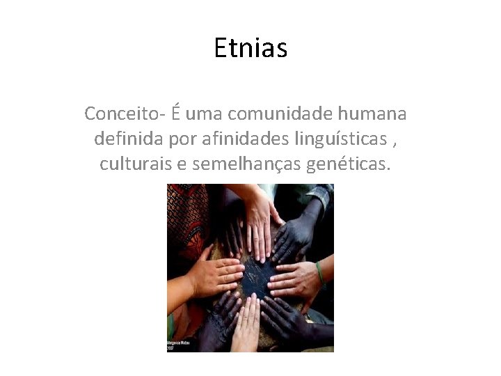 Etnias Conceito- É uma comunidade humana definida por afinidades linguísticas , culturais e semelhanças