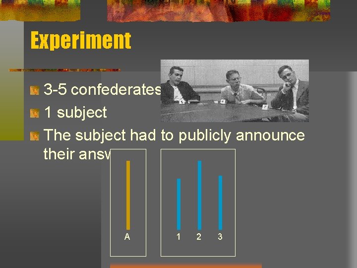 Experiment 3 -5 confederates 1 subject The subject had to publicly announce their answer.