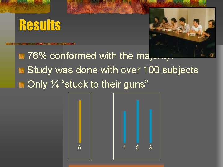 Results 76% conformed with the majority. Study was done with over 100 subjects Only