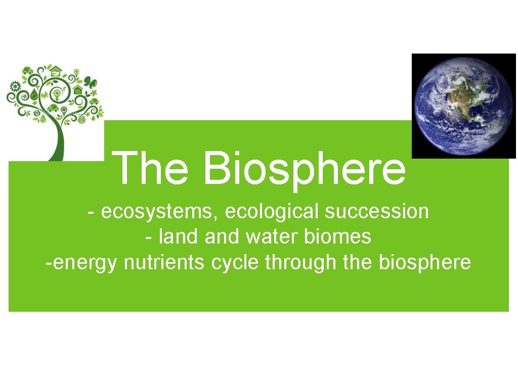 The Biosphere - ecosystems, ecological succession - land water biomes -energy nutrients cycle through
