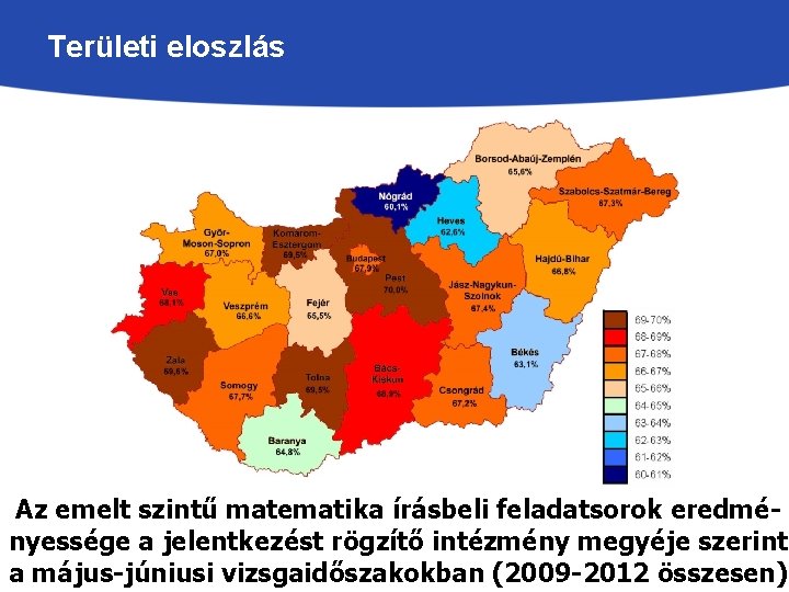 Területi eloszlás Az emelt szintű matematika írásbeli feladatsorok eredményessége a jelentkezést rögzítő intézmény megyéje