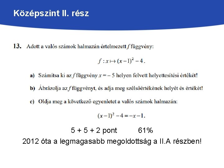 Középszint II. rész 5 + 2 pont 61% 2012 óta a legmagasabb megoldottság a