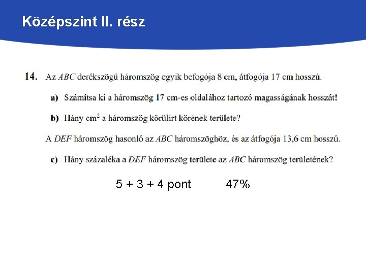 Középszint II. rész 5 + 3 + 4 pont 47% 