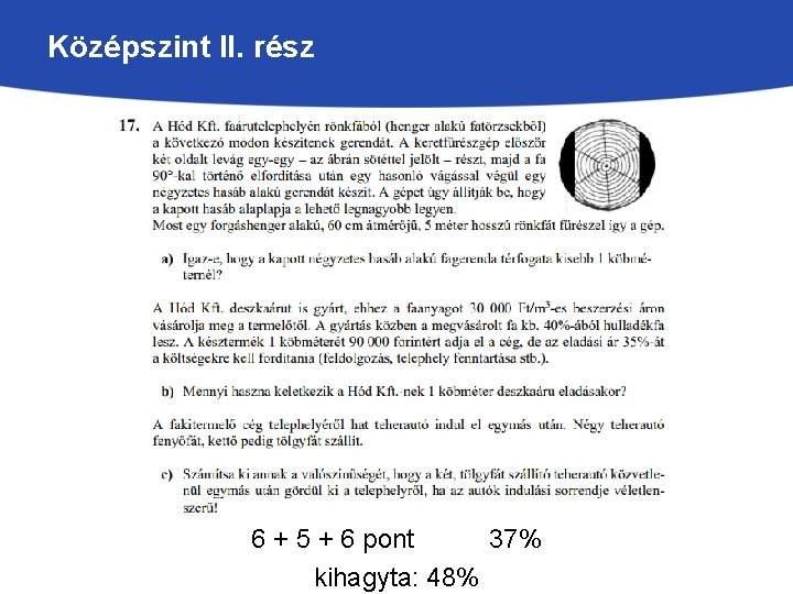 Középszint II. rész 6 + 5 + 6 pont 37% kihagyta: 48% 