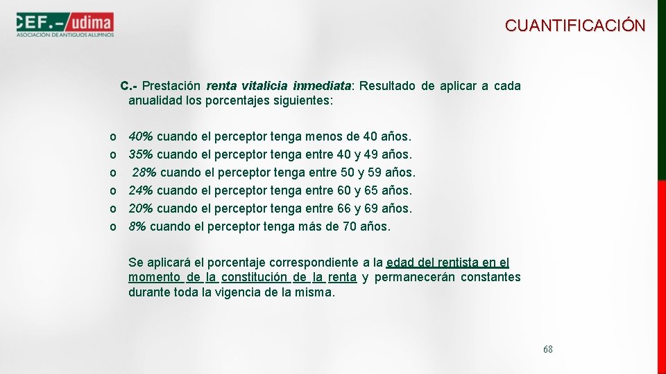 CUANTIFICACIÓN C. - Prestación renta vitalicia inmediata: Resultado de aplicar a cada anualidad los