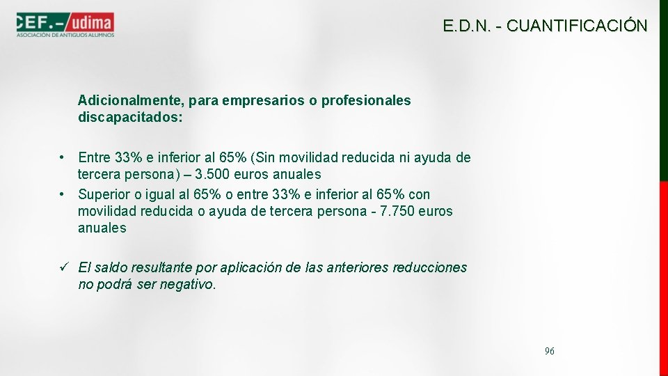 E. D. N. - CUANTIFICACIÓN Adicionalmente, para empresarios o profesionales discapacitados: • Entre 33%