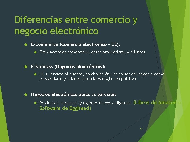 Diferencias entre comercio y negocio electrónico E-Commerce (Comercio electrónico - CE): E-Business (Negocios electrónicos):