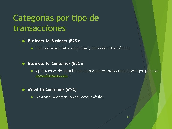 Categorías por tipo de transacciones Business-to-Business (B 2 B): Business-to-Consumer (B 2 C): Transacciones