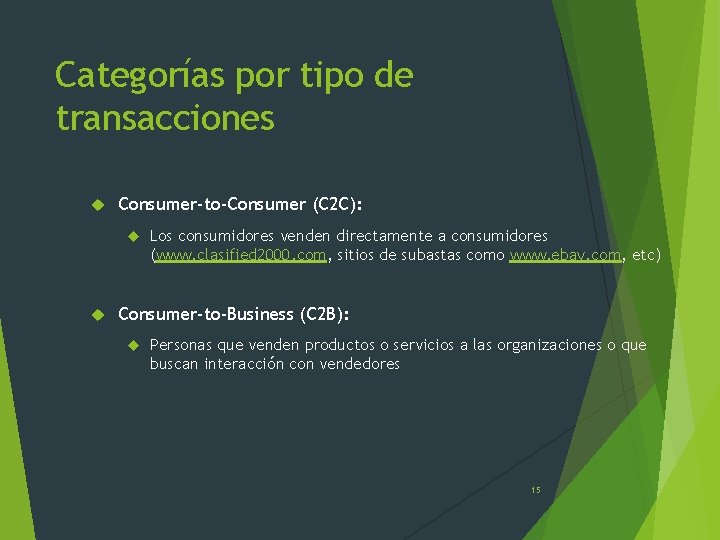 Categorías por tipo de transacciones Consumer-to-Consumer (C 2 C): Los consumidores venden directamente a