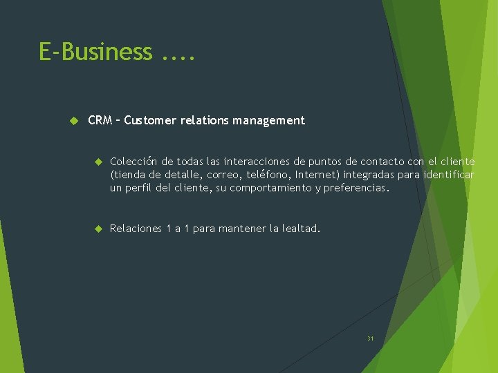 E-Business. . CRM – Customer relations management Colección de todas las interacciones de puntos