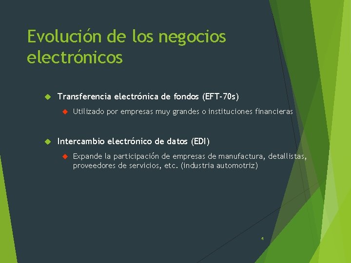 Evolución de los negocios electrónicos Transferencia electrónica de fondos (EFT-70 s) Utilizado por empresas