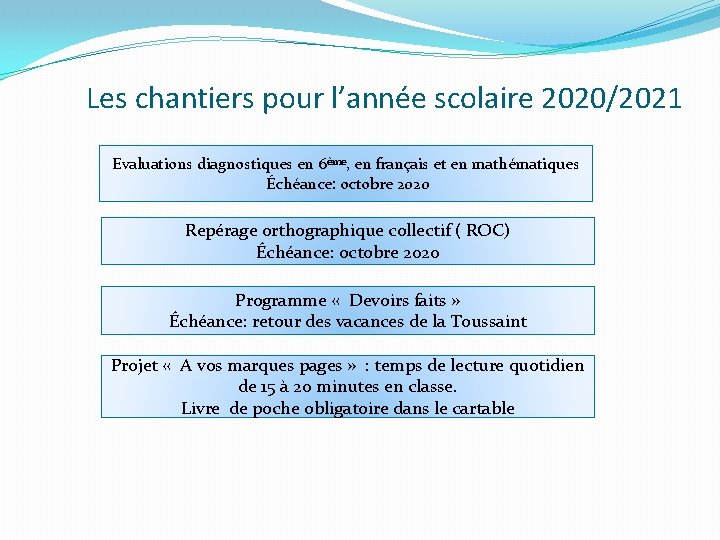 Les chantiers pour l’année scolaire 2020/2021 Evaluations diagnostiques en 6ème, en français et en