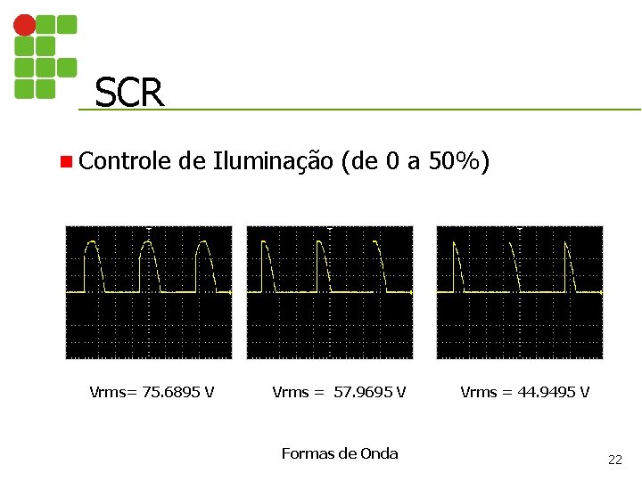 SCR n Controle de Iluminação (de 0 a 50%) Vrms= 75. 6895 V Vrms