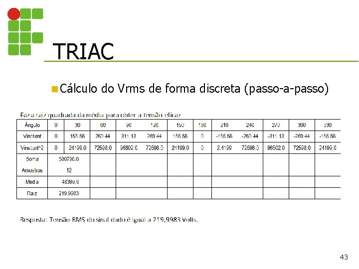 TRIAC n Cálculo do Vrms de forma discreta (passo-a-passo) 43 