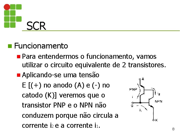 SCR n Funcionamento n Para entendermos o funcionamento, vamos utilizar o circuito equivalente de