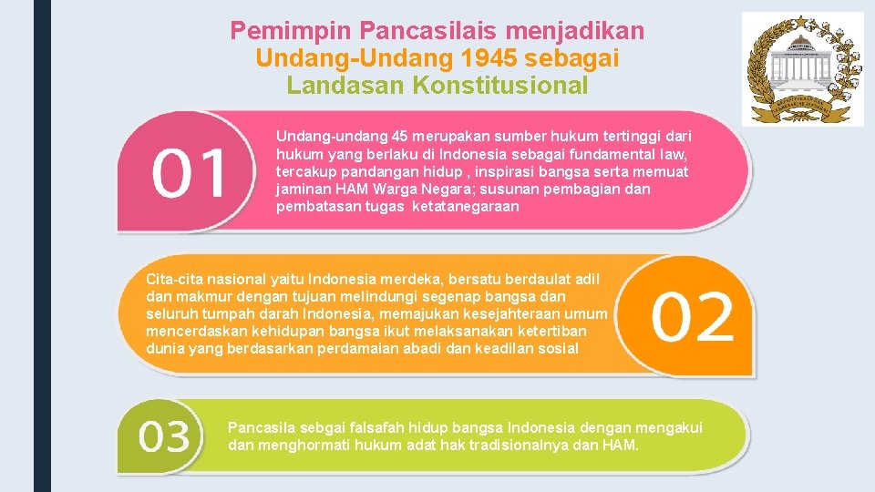 Pemimpin Pancasilais menjadikan Undang-Undang 1945 sebagai Landasan Konstitusional Undang-undang 45 merupakan sumber hukum tertinggi