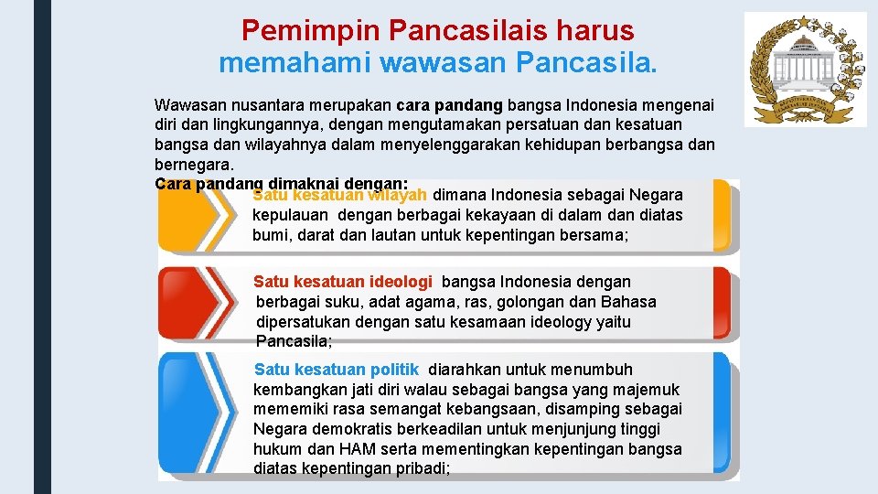 Pemimpin Pancasilais harus memahami wawasan Pancasila. Wawasan nusantara merupakan cara pandang bangsa Indonesia mengenai