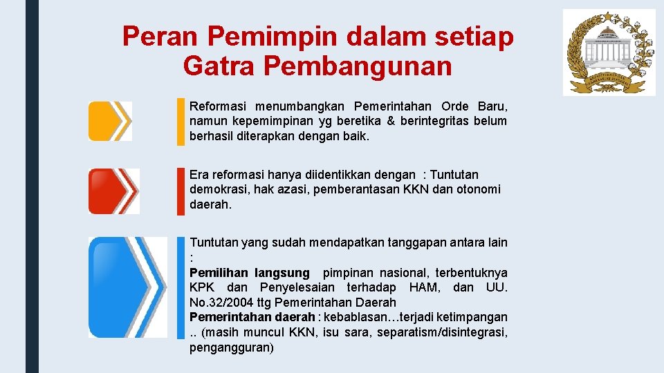 Peran Pemimpin dalam setiap Gatra Pembangunan Reformasi menumbangkan Pemerintahan Orde Baru, namun kepemimpinan yg