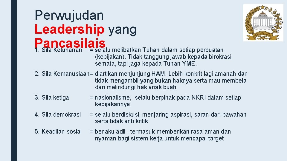 Perwujudan Leadership yang Pancasilais 1. Sila Ketuhanan = selalu melibatkan Tuhan dalam setiap perbuatan