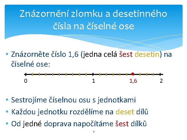 Znázornění zlomku a desetinného čísla na číselné ose • Znázorněte číslo 1, 6 (jedna