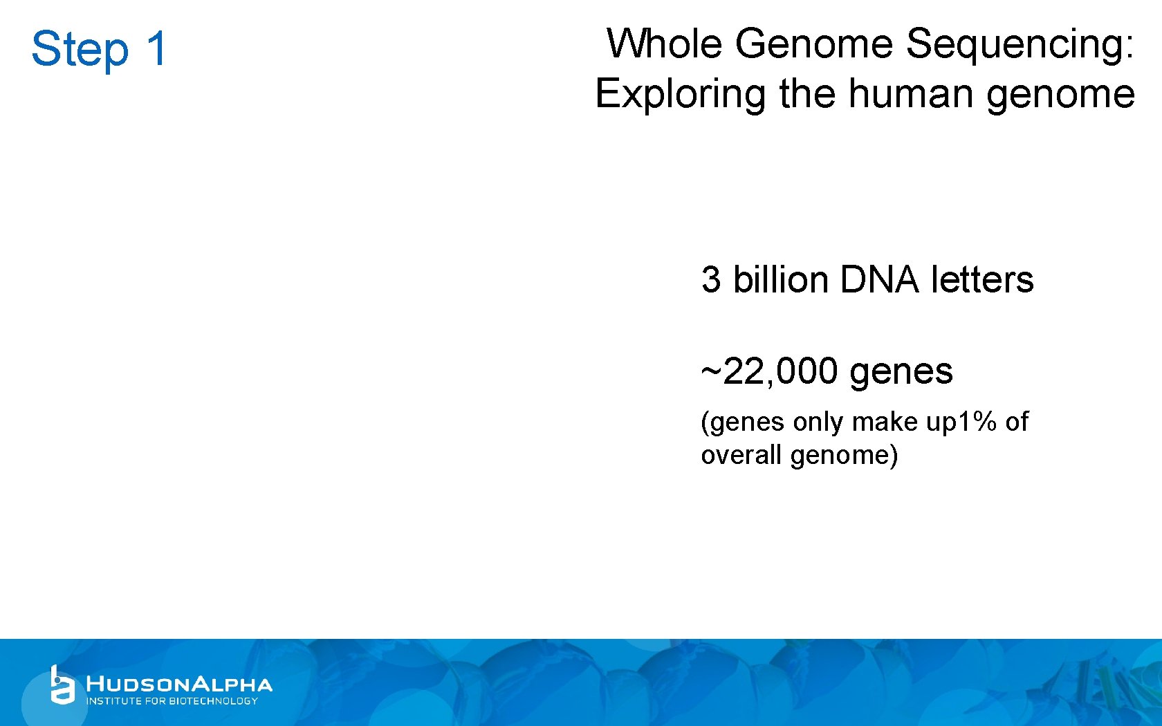 Step 1 Whole Genome Sequencing: Exploring the human genome 3 billion DNA letters ~22,